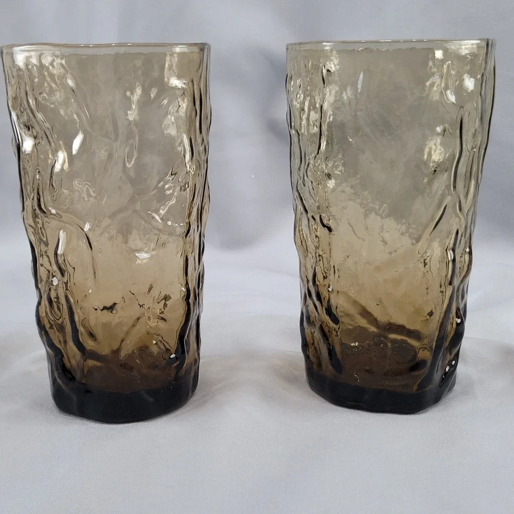 2 Libbey Bark Textured Driftwood Water Glass Tumblers Cup Brown Amber MCM